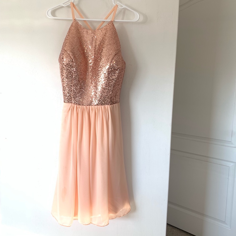 Rose gold short sequin and chiffon dress